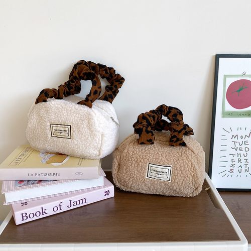 秋冬毛绒手提包波士顿包褶皱豹纹