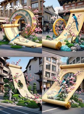 大型国风花鸟镂空卷轴画轴美陈