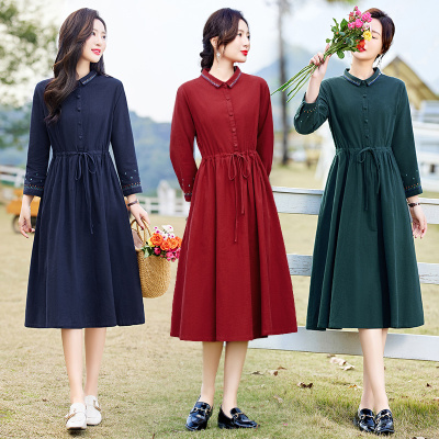 刺绣花朵纯棉麻连衣裙小翻领2025秋季新款女装收束腰长袖裙小个子