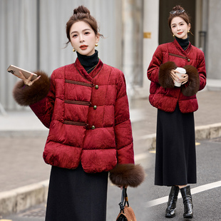 真狐狸毛羽绒服2025冬季女装新中式短款加肥加大码本命年红色好看