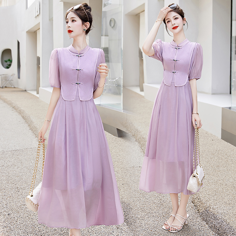 假两件气质连衣裙子2024夏季新款女装高级感国风高个子显瘦淡紫色