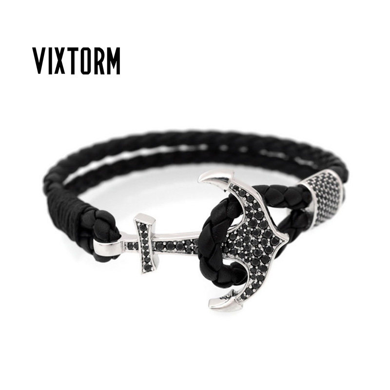 VIXTORM925银镶嵌黑石手链牛皮
