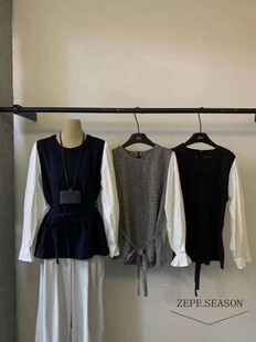 腰身腰带宽松休闲舒适上衣 韩版 紫苏5061针织拼接衬衫 2024秋冬新品