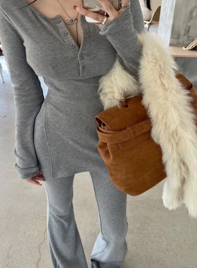 春秋冬法式不规则长袖针织上衣休闲微喇裤裤两件套2025新款套装裤