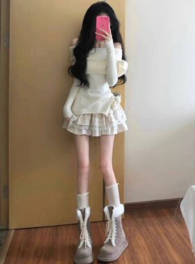 纯欲蝴蝶结针织衫上衣蕾丝半身蛋糕蓬蓬短裙女秋冬2025年新款套装