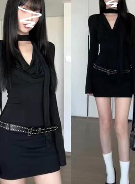 黑色赫本风长袖连衣裙女秋冬2024新款御姐气质收腰显瘦包臀打底裙