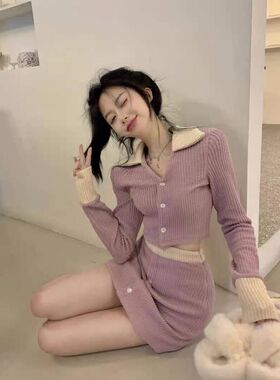 秋冬小香风针织轻熟套装女2024新款polo领开衫高腰半身短裙两件套