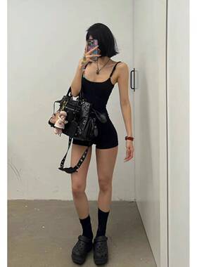 黑色设计感辣妹连体衣裤女2024新款夏季运动休闲御姐风百搭健身裤
