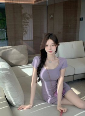 纯欲风方领紫色连衣裙女夏季2025新款小个子超显身材修身包臀短裙