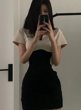 小众辣妹polo领短袖连衣裙2023新款夏季法式赫本风拼色包臀短裙女