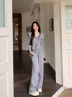 春秋冬2025新款港味chic套装女修身显瘦翻领法式上衣阔腿裤两件套