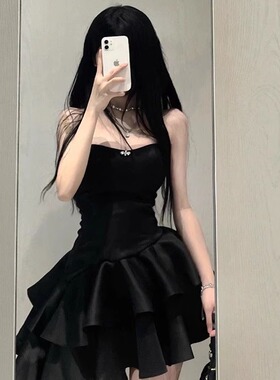 黑色法式抹胸不规则连衣裙女夏季新款生日聚会小礼服蛋糕蓬蓬短裙