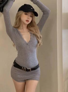 秋冬2024新款美式运动休闲纯欲风针织上衣袖包臀半身裙辣妹两件套