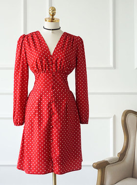 JL法式复古圆点雪纺红色连衣裙中长款v领泡泡袖气质a字收腰裙子
