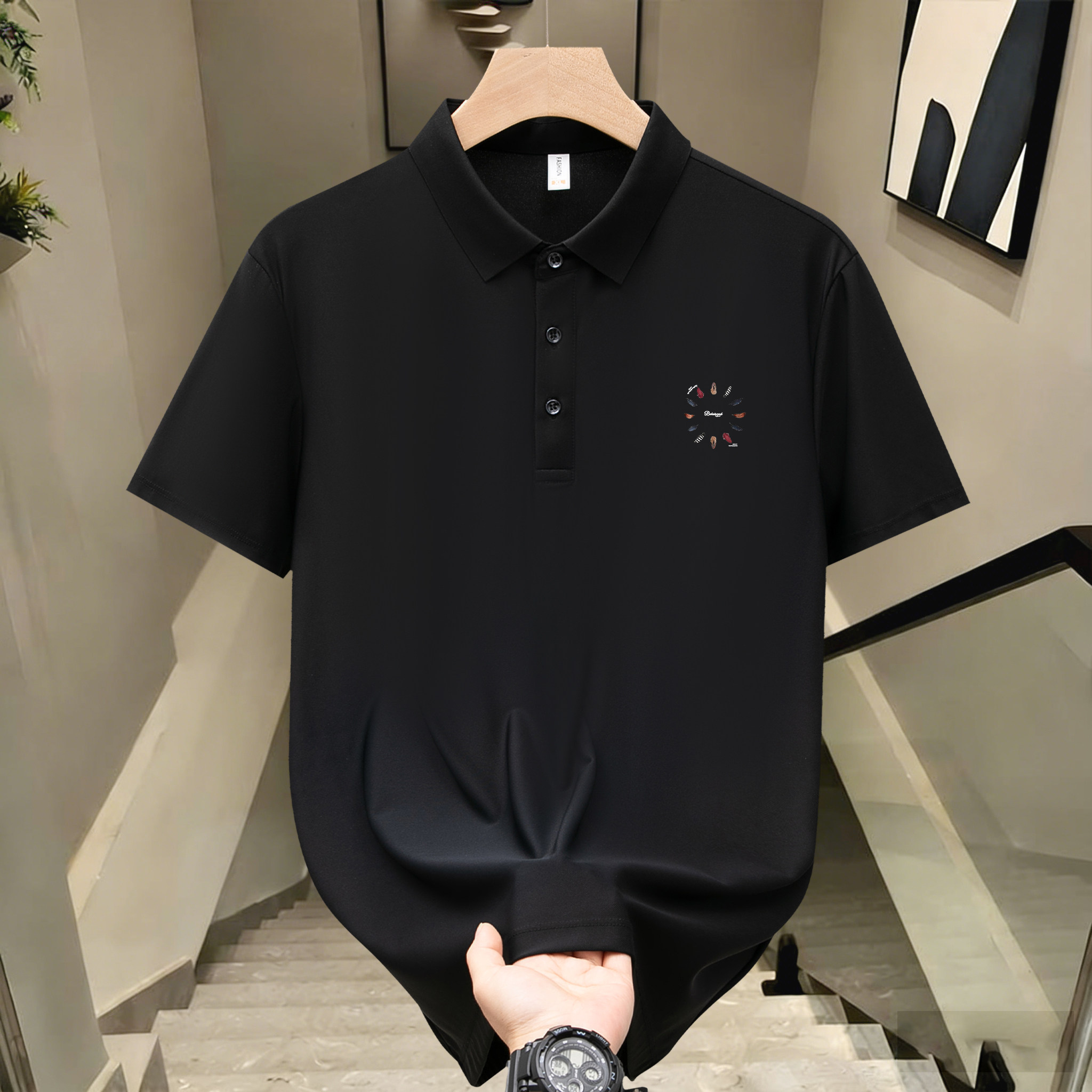 凉感冰丝潮牌美式简约T恤POLO衫个性印花男款夏季翻领百搭短袖