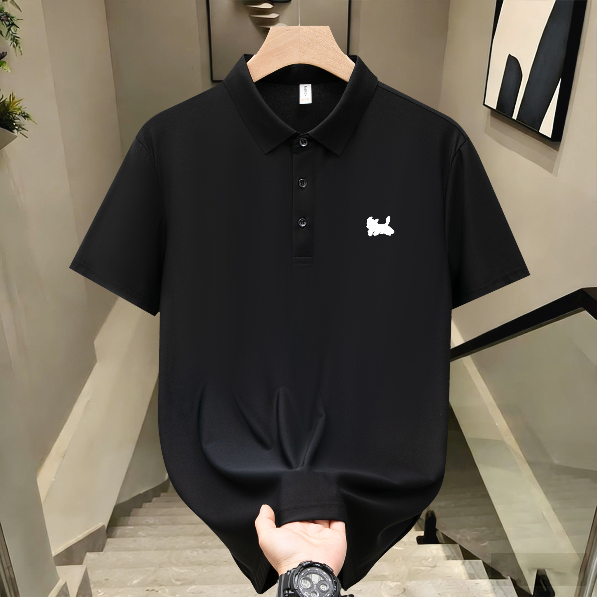 凉感冰丝潮牌简约T恤POLO衫痞帅印花男款夏季翻领宽松休闲短袖