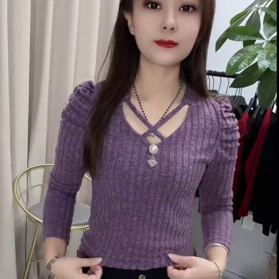 欧洲站秋冬坑条磨毛交叉系带时尚V领t恤女装洋气外穿内搭打底衫