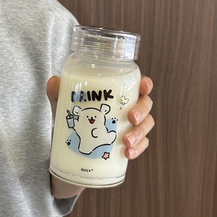 高硼硅玻璃杯咖啡豆浆果汁水牛奶带盖可爱2025外出携带高颜值饮料