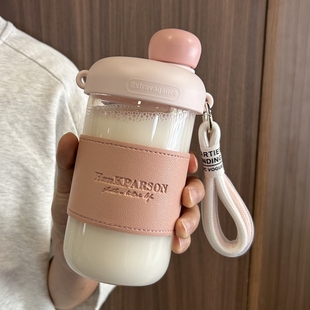 吸管水杯玻璃杯女高颜值夏季大容量办公室带个性提绳咖啡饮品杯子