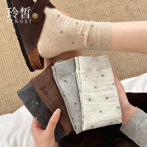 袜子女夏季薄款韩版复古中筒新疆棉袜ins百搭碎花女袜堆堆袜5双