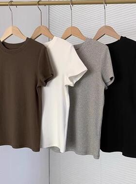 TH高级感女装细坑条正肩显瘦圆领螺纹短袖T恤修身内搭打底上衣女