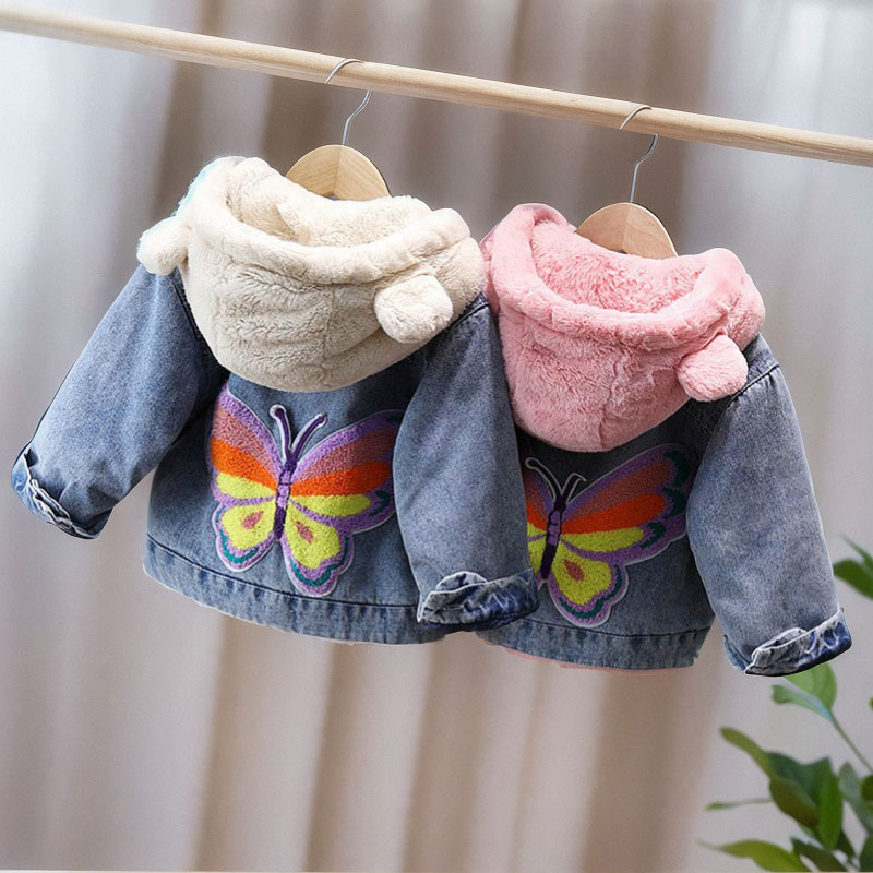 女童加绒加厚牛仔外套冬季韩版洋气保暖棉服女孩冬装外穿连帽棉袄