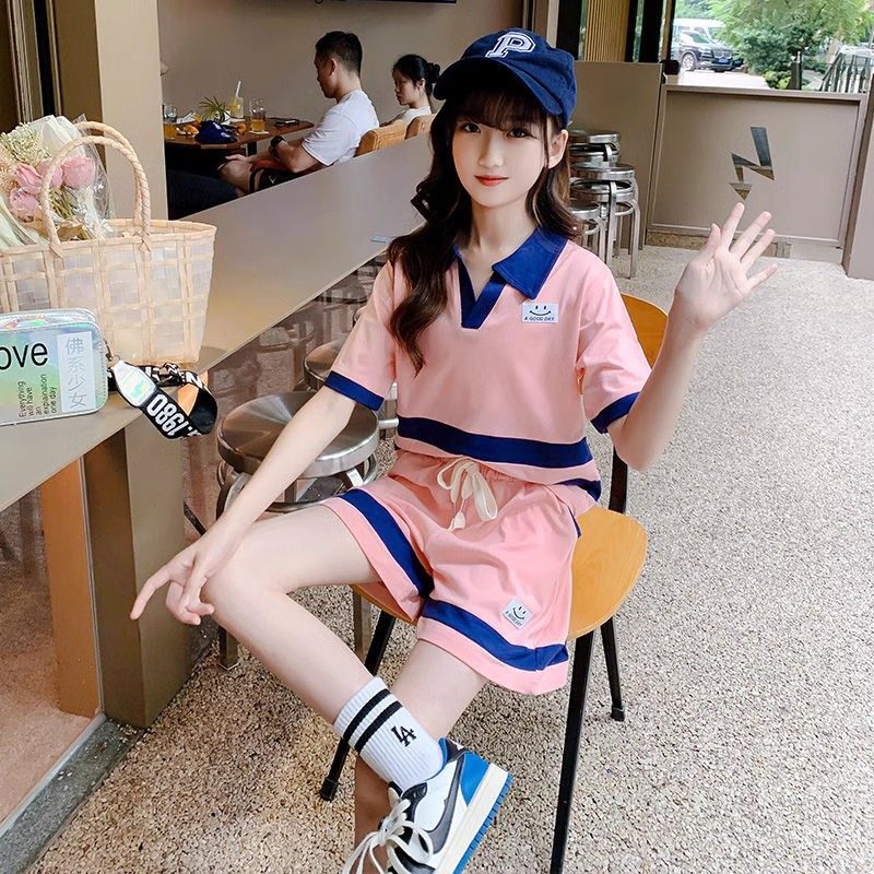 女童夏季套装时尚洋气休闲运动粉色短袖短裤5六7八9十岁女孩衣服