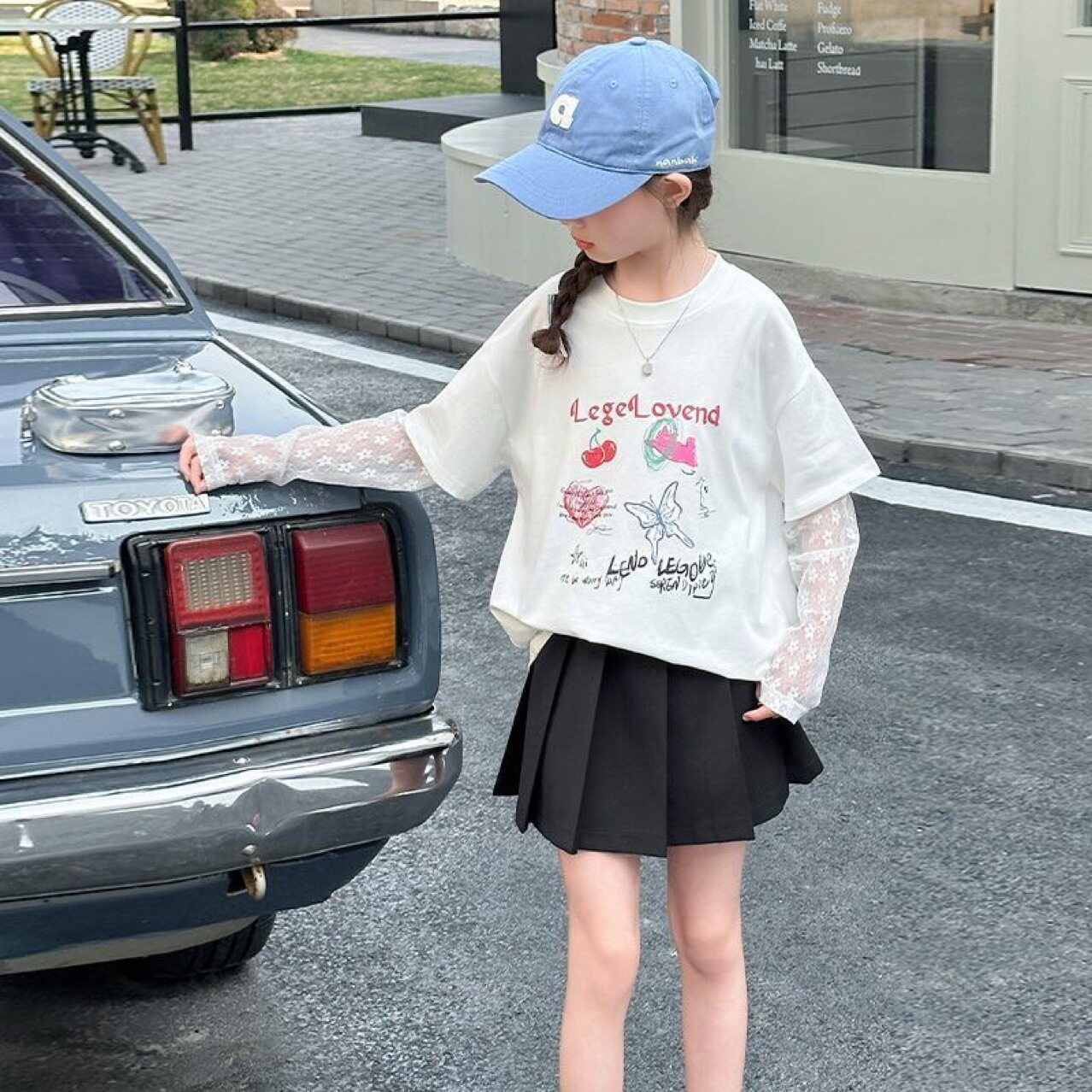 女童短袖T恤夏季巨好看洋气女大童薄款假两件蕾丝防晒长袖上衣