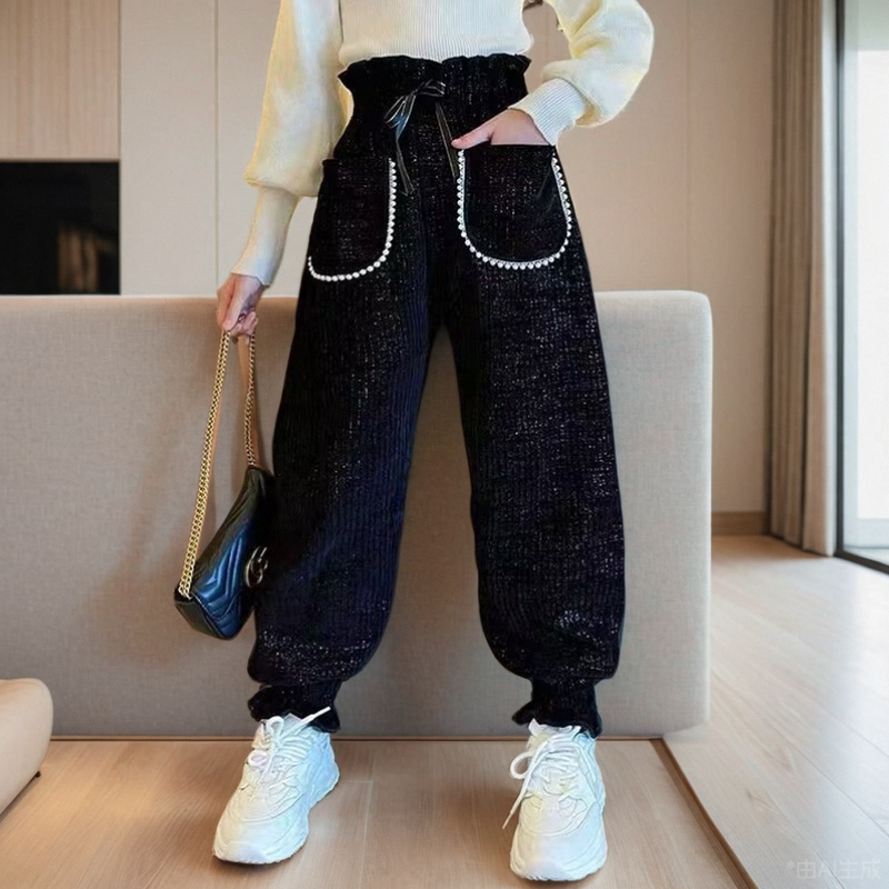 女童黑色裤子春秋时尚百搭儿童卫裤韩版女孩春季高腰休闲束脚长裤