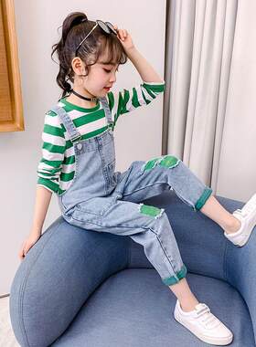 女童春秋牛仔背带裤套装