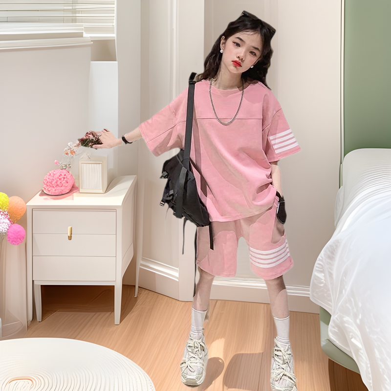 女童夏装套装初中生女大童休闲运动短袖短裤两件套女孩夏季衣服