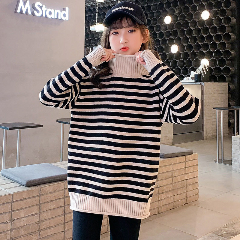 女童冬季加厚高领条纹毛衣