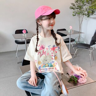 女孩t恤短袖夏季女童洋气百搭薄款上衣女中大童夏装休闲时尚半袖