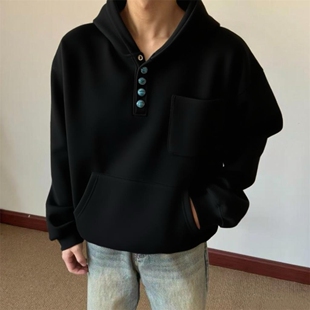 Sellscream绿松石纽扣美式覆古连帽口袋百搭宽松套头重磅卫衣YW05