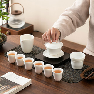 家用客厅轻奢泡茶办公室会客高档白瓷盖碗茶杯 羊脂玉功夫茶具套装
