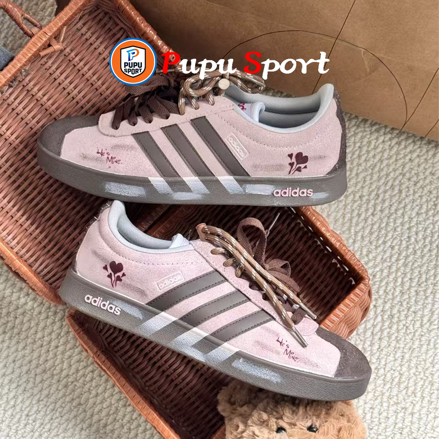 Adidas neo VL 莓莓栗子甜酷涂鸦做旧低帮休闲板鞋男女鞋定制鞋