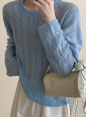 圆领百搭麻花小羊驼绒薄款针织毛衣女 羊毛软糯宽松慵懒风针织衫