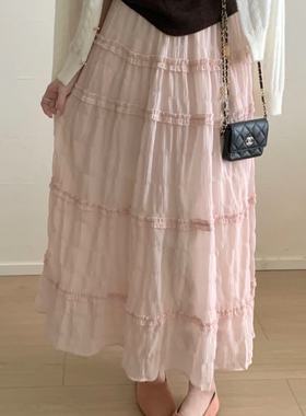 26年早春  韩系樱花粉半身裙木耳边褶皱肌理感中长款蛋糕裙女春秋