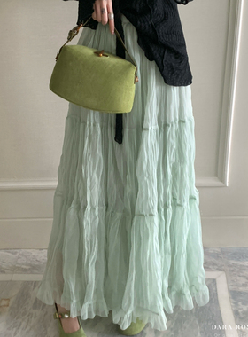 26春韩系薄荷绿褶皱半身长裙女 大摆A字网纱蛋糕裙 显瘦仙女裙