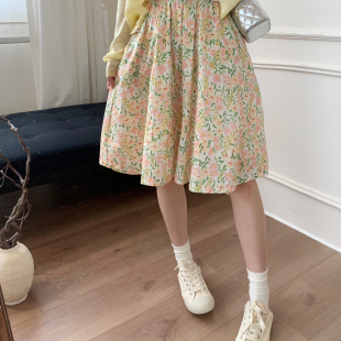高腰A字中长款 温柔风松紧腰显瘦伞裙 碎花半身裙女 2026春夏新款