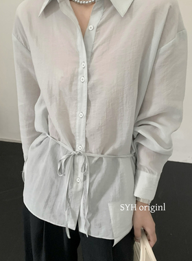 韩系宽松白色系带收腰衬衫女春装新款显瘦设计感小众长袖衬衣
