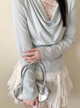 26年早春韩系甜美设计感蕾丝拼接荡领上衣时尚气质套头小衫