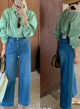 2026早春新款高腰阔腿显瘦九分奶奶裤通勤复古蓝小个子牛仔裤