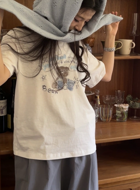 26年春款宽松百搭可爱小熊图案三色印花短袖圆领T恤