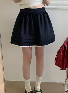高腰A字半身裙女2026新款 蕾丝花边褶皱 学院风显瘦短裙