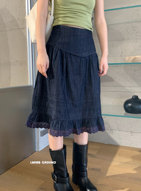 26年早春韩女气质高腰荷叶边中裙蕾丝拼接A字半身裙