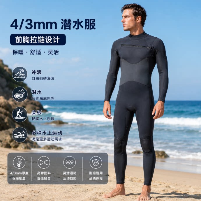 全新4/3mm厚潜水服男款保暖防寒冲浪服湿衣前胸拉链款水肺潜水服