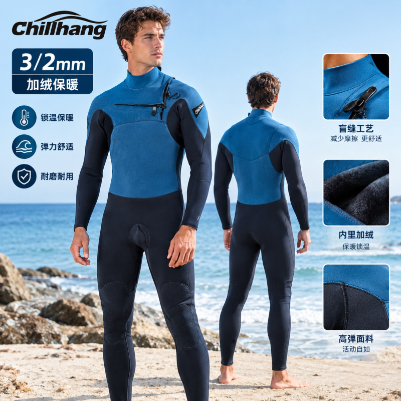 全新chillhang品牌冲浪湿衣潜水服3/2mm加绒加厚防寒保暖连体拼色