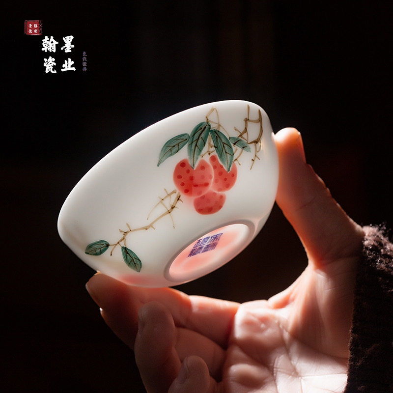 景德镇陶瓷柴窑手工手绘高白泥荔枝普洱杯家用个人专用主人杯茶杯