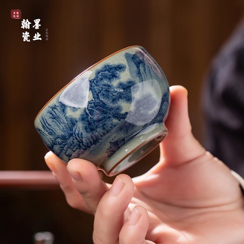 景德镇陶瓷柴窑手工手绘老陶泥山水罗汉杯家用个人专用主人杯茶杯